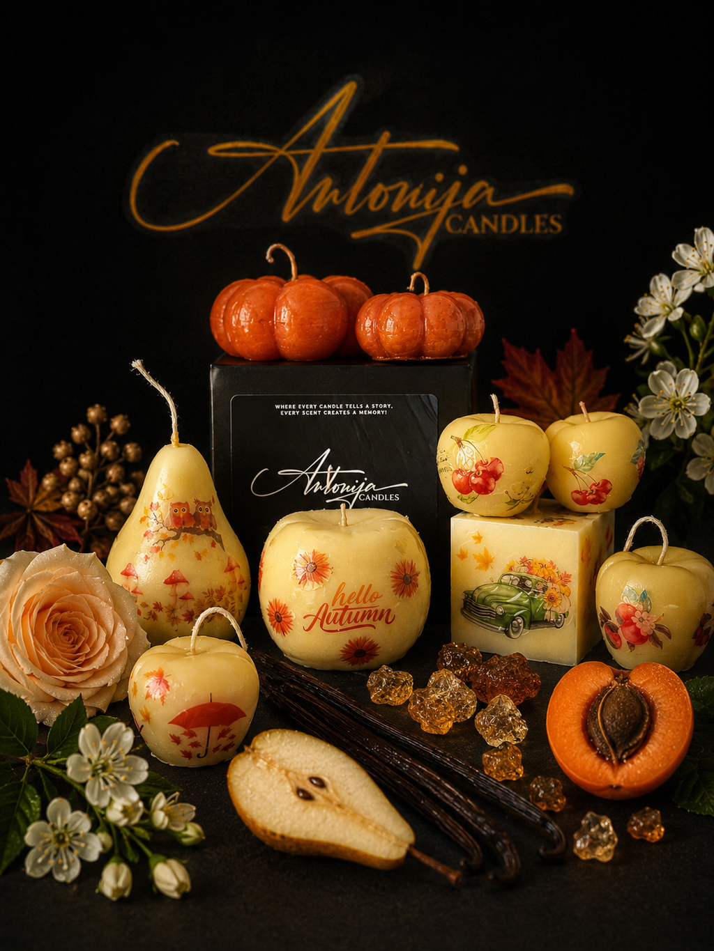 Beeswax Fruit Shaped Candles, Geometrical Scented Candle Shapes, Handmade Relaxation Gift Set, Pear, Cherries, Apple, Pumpkin, Sphere, Cube