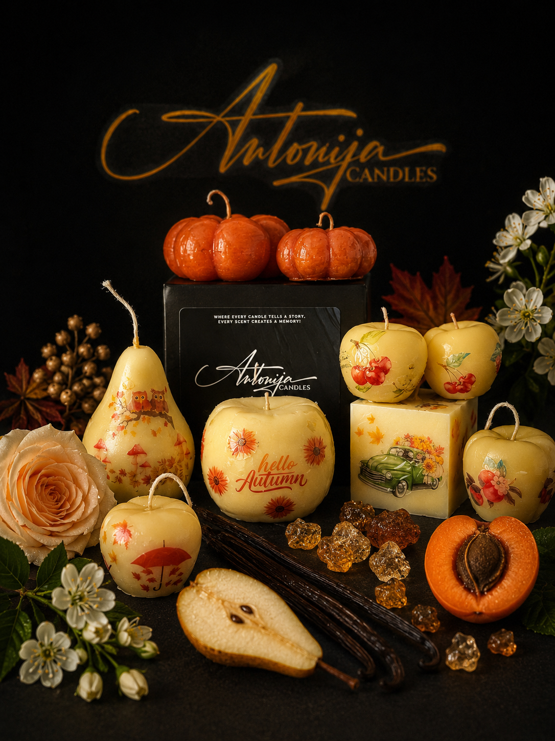 Beeswax Fruit Shaped Candles, Geometrical Scented Candle Shapes, Handmade Relaxation Gift Set, Pear, Cherries, Apple, Pumpkin, Sphere, Cube