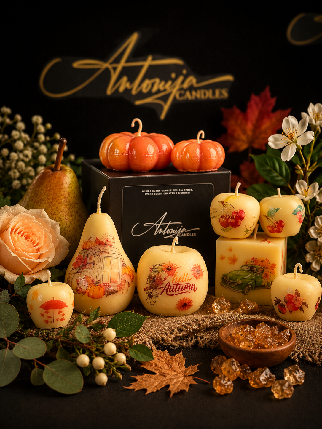 Beeswax Fruit Shaped Candles, Geometrical Scented Candle Shapes, Handmade Relaxation Gift Set, Pear, Cherries, Apple, Pumpkin, Sphere, Cube