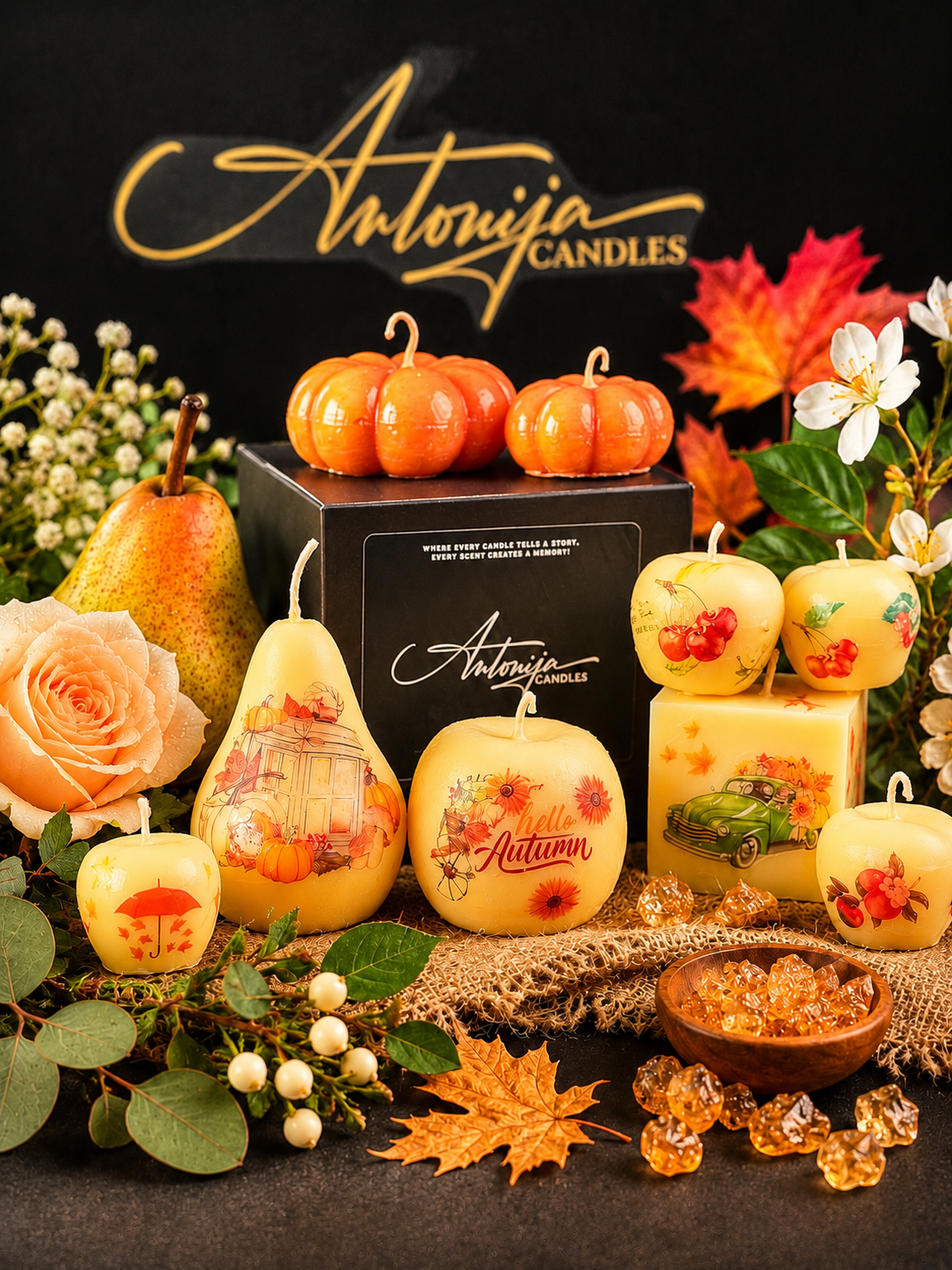 Beeswax Fruit Shaped Candles, Geometrical Scented Candle Shapes, Handmade Relaxation Gift Set, Pear, Cherries, Apple, Pumpkin, Sphere, Cube