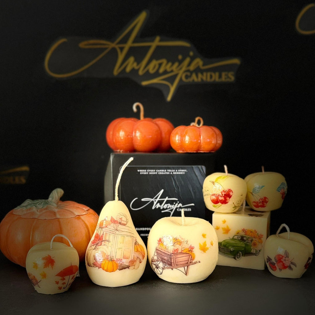 Beeswax Fruit Shaped Candles, Geometrical Scented Candle Shapes, Handmade Relaxation Gift Set, Pear, Cherries, Apple, Pumpkin, Sphere, Cube